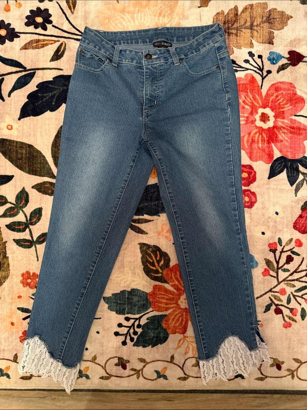 Cropped Lace-Hem Jeans in Blue by Ann Taylor LOFT